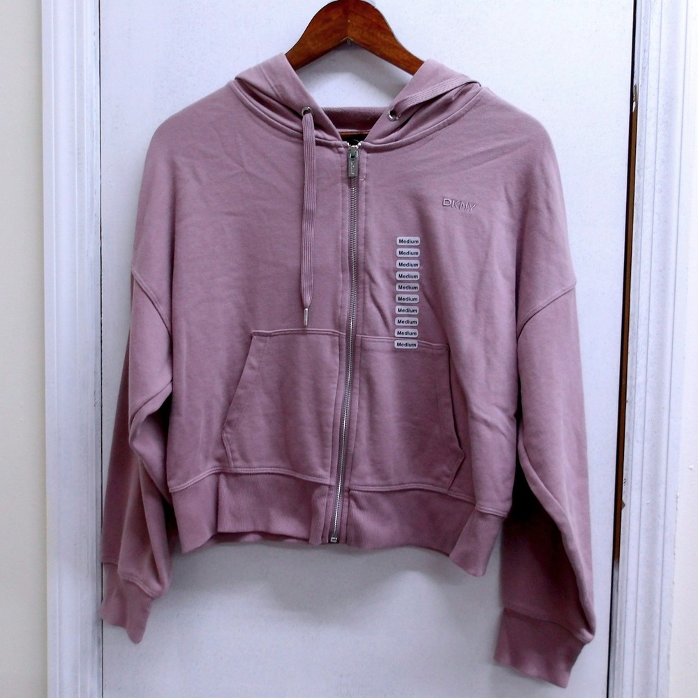 DKNY Cropped Full Zip Hoodie Lavender Purple Logo Pocket Casual Women's M /#2636